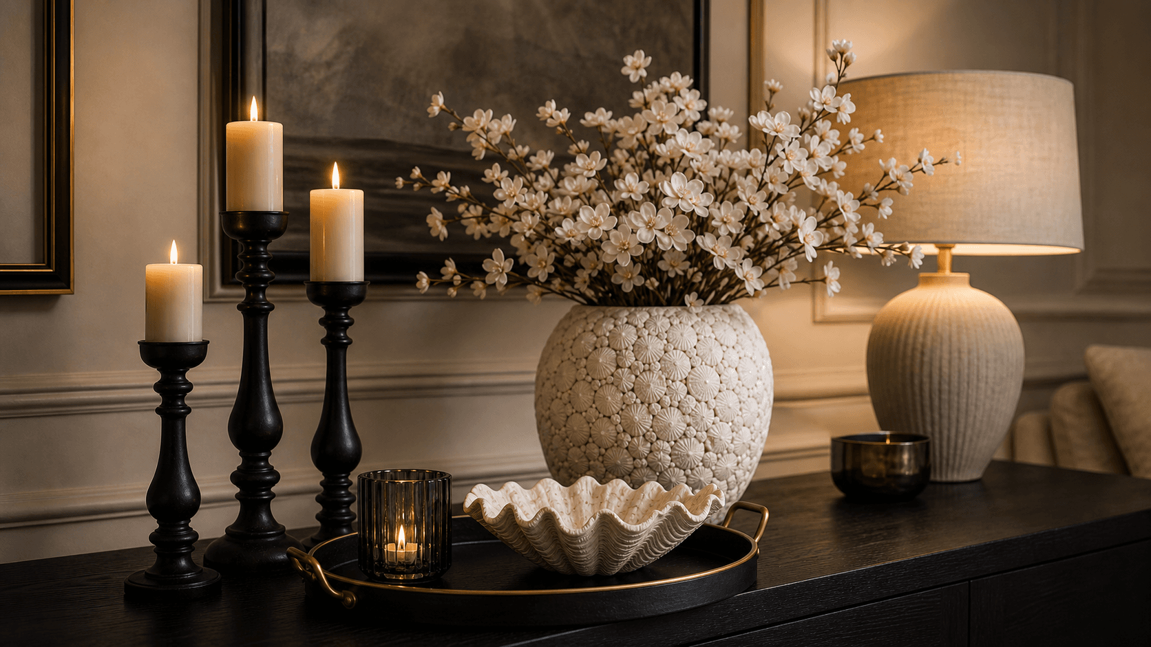 Luxe woondecoratie met schelpenvaas, kaarshouders en warme lamp