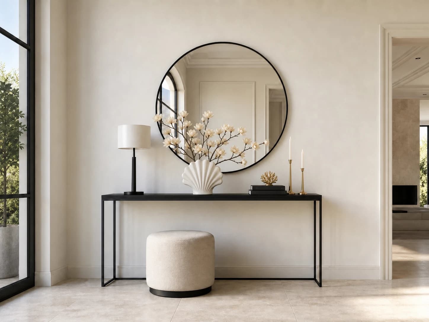 Illustratie van een gestylde sidetable met vaas, licht en accessoires