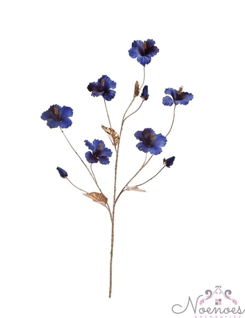 Zijdebloem hibiscus blauw-goud kunsttak 131 cm