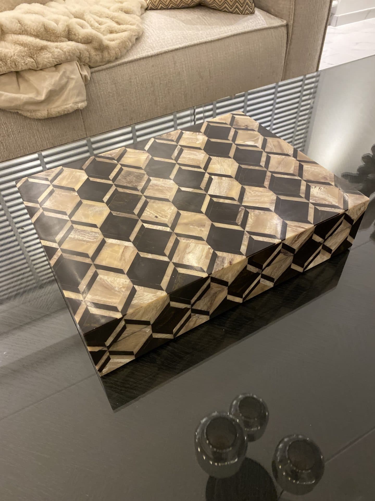 Opbergdoos met kubus-inlegwerk bruin en beige 40x30x9 cm