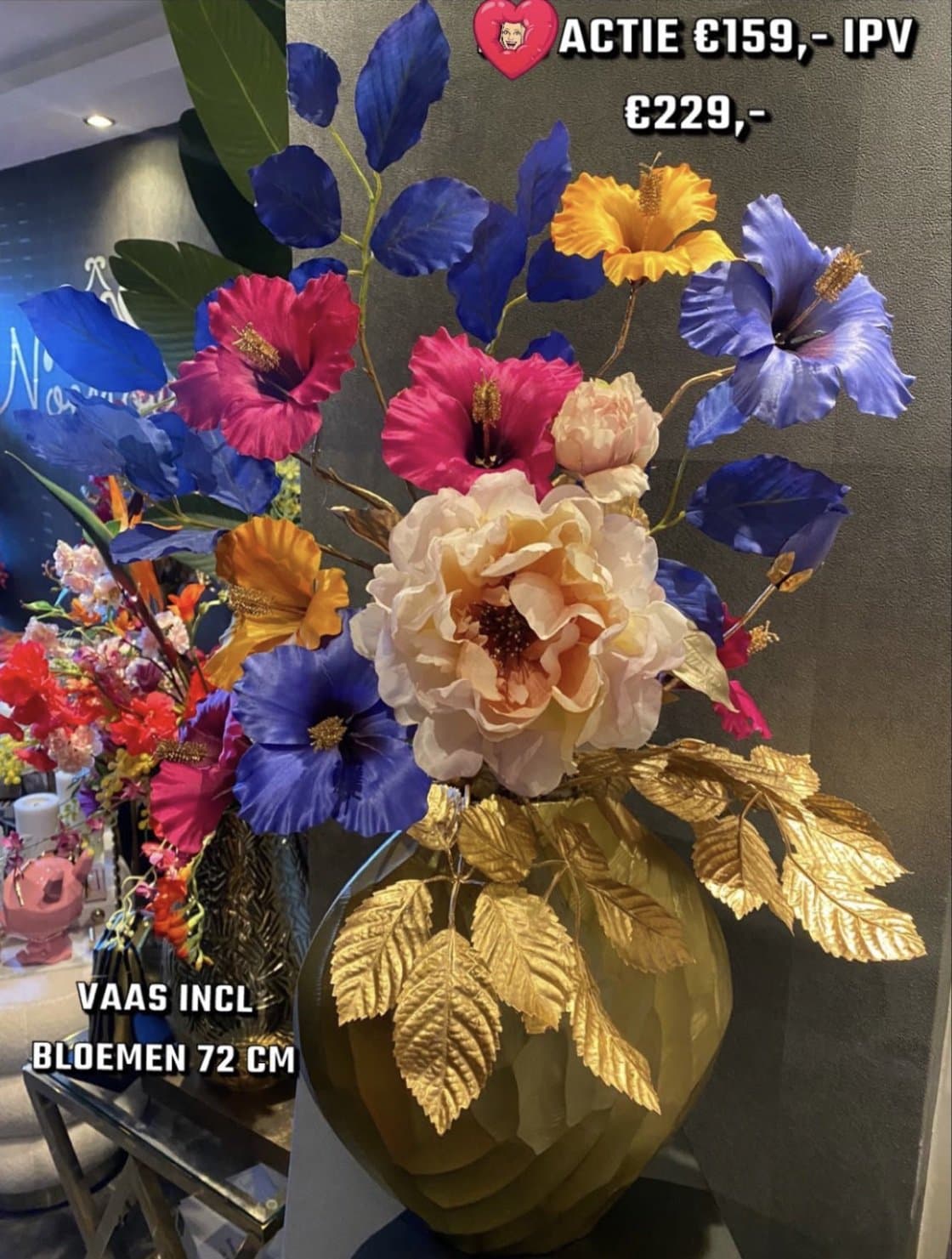Vaas met zijden bloemen arrangement kleurrijk 72 cm