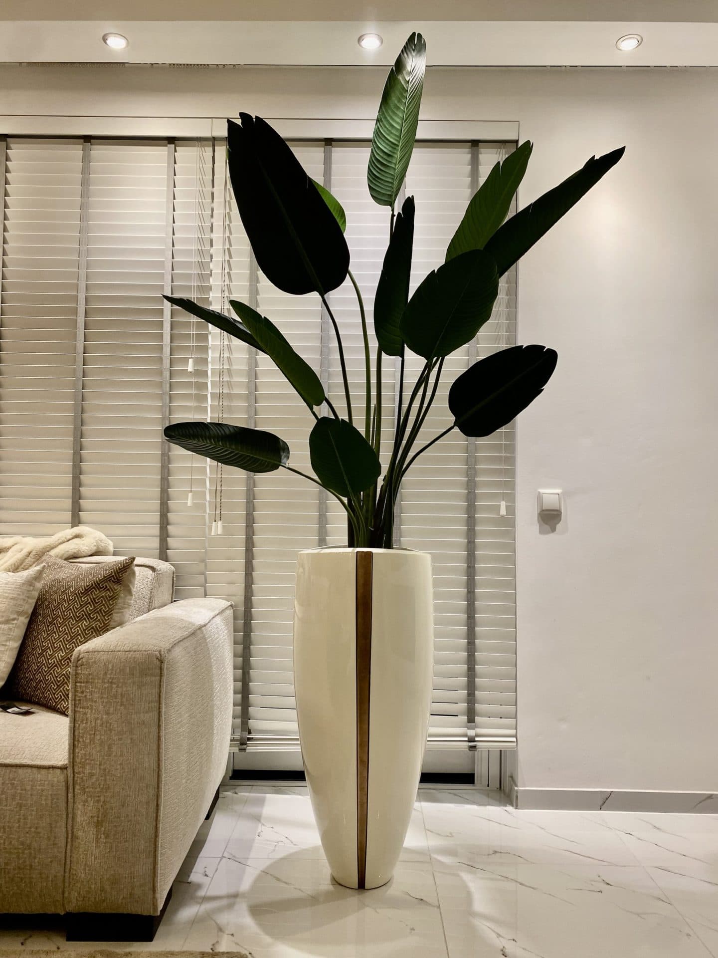 Vaas wit glans 90 cm met bladgoud stripe opgemaakt met strelitzia kunstplant