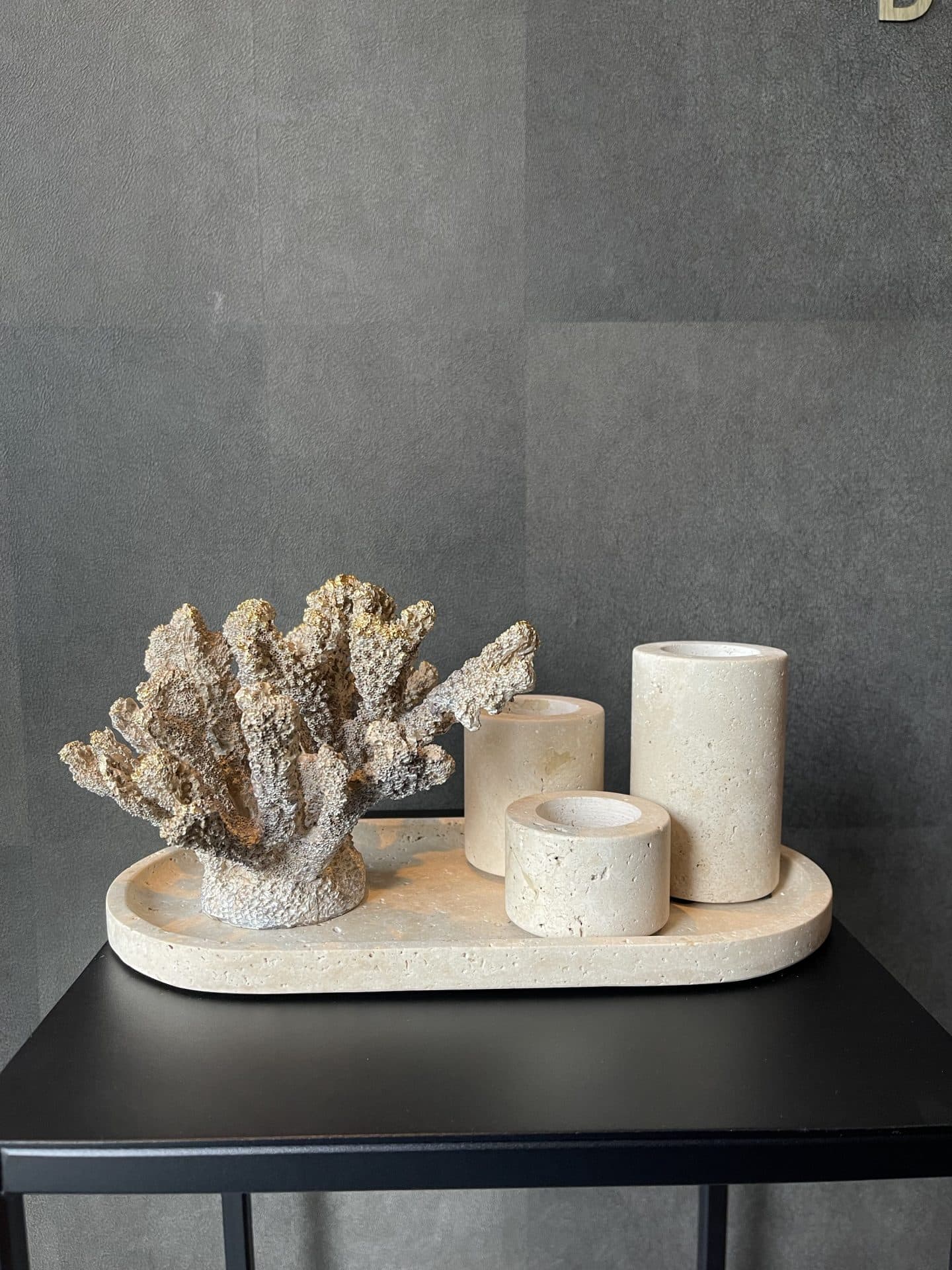 Dienblad beige set met koraal en kaarshouders - travertine look