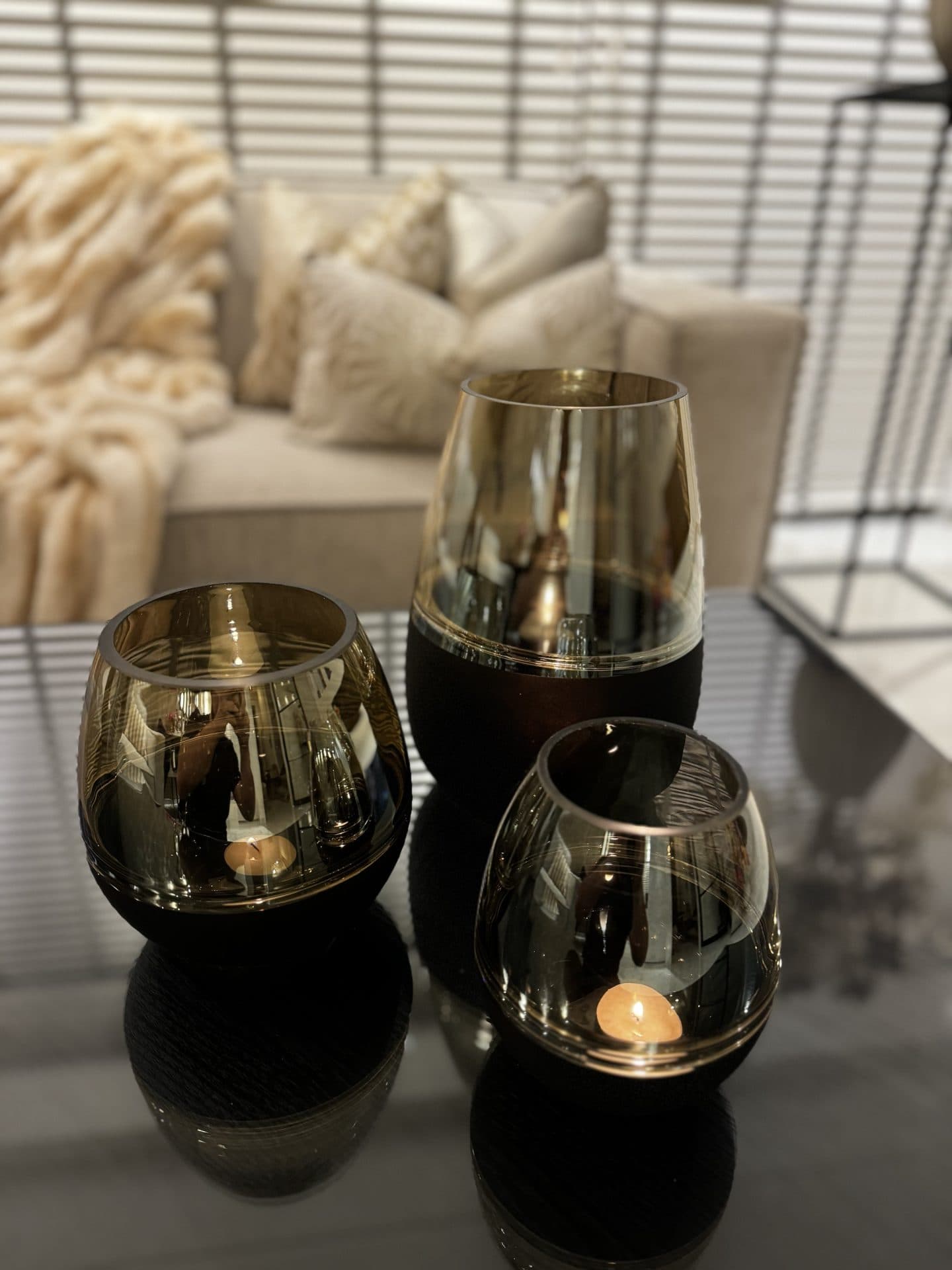 Kaarshouders set van 3 zwart mat met warm glas S/M/L
