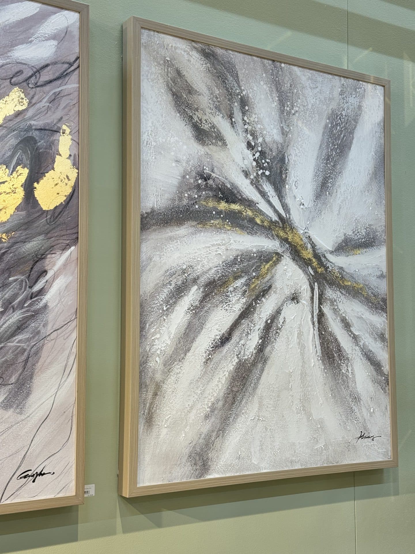 Schilderij abstract grijs goud met natuurlijke lijst 90x120 cm