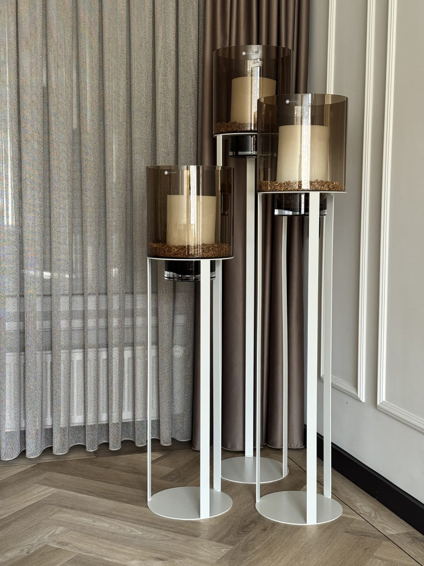 Kaarshouders set van 3 ivory met smoke glas H108-H148 cm