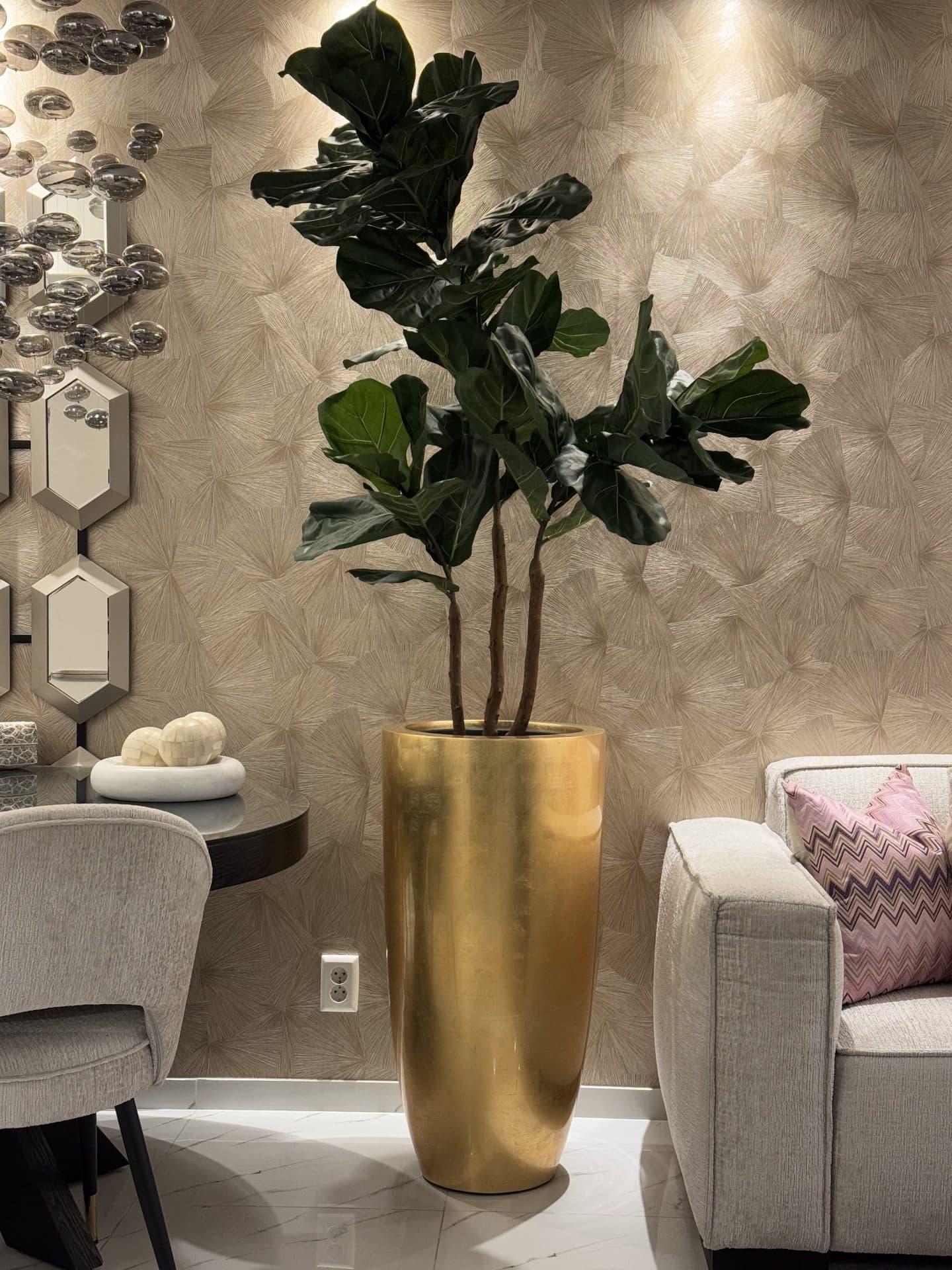 Bladgoud glossy vloervaas met zijden tabaksplant 210 cm