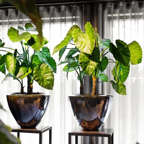 Pot metaal brons met Alocasia kunstplant - 54 cm breed, 120 cm hoog
