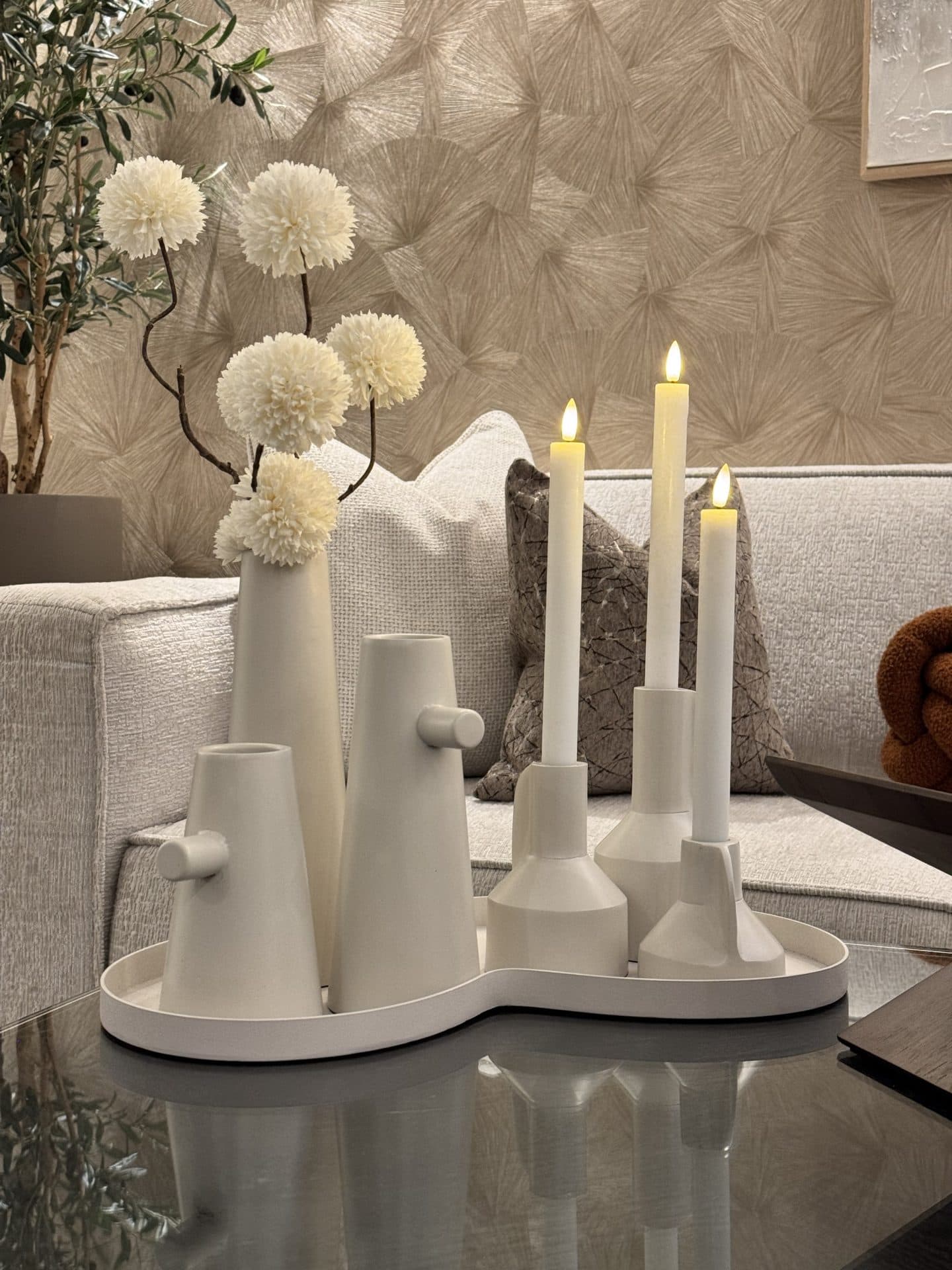 Kaarshouders set van 3 ivory met LED kaarsen, 9x9 cm