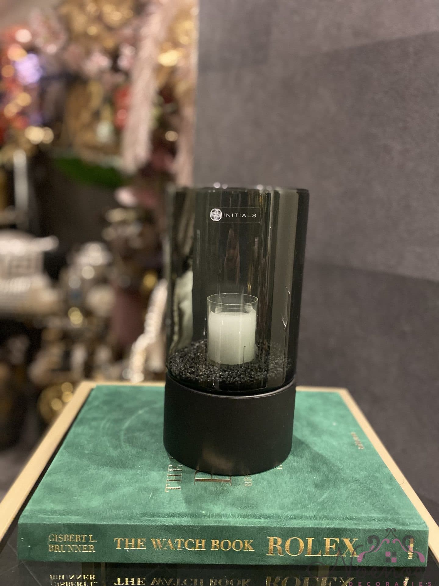 Kaarshouder smoke glas met zwart metalen voet 13,5x26 cm