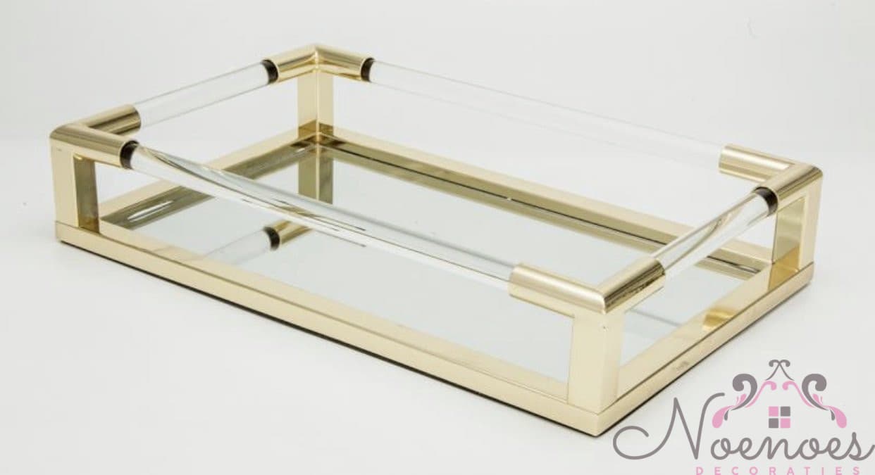 Dienblad goud met spiegelbodem en kristallen grepen 41,5x26 cm