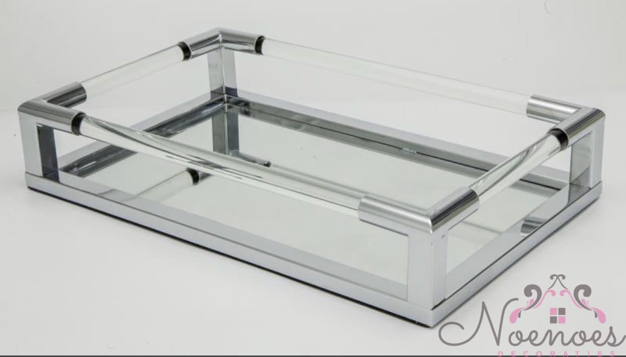 Dienblad zilver met spiegelbodem en kristallen grepen 41,5x26 cm