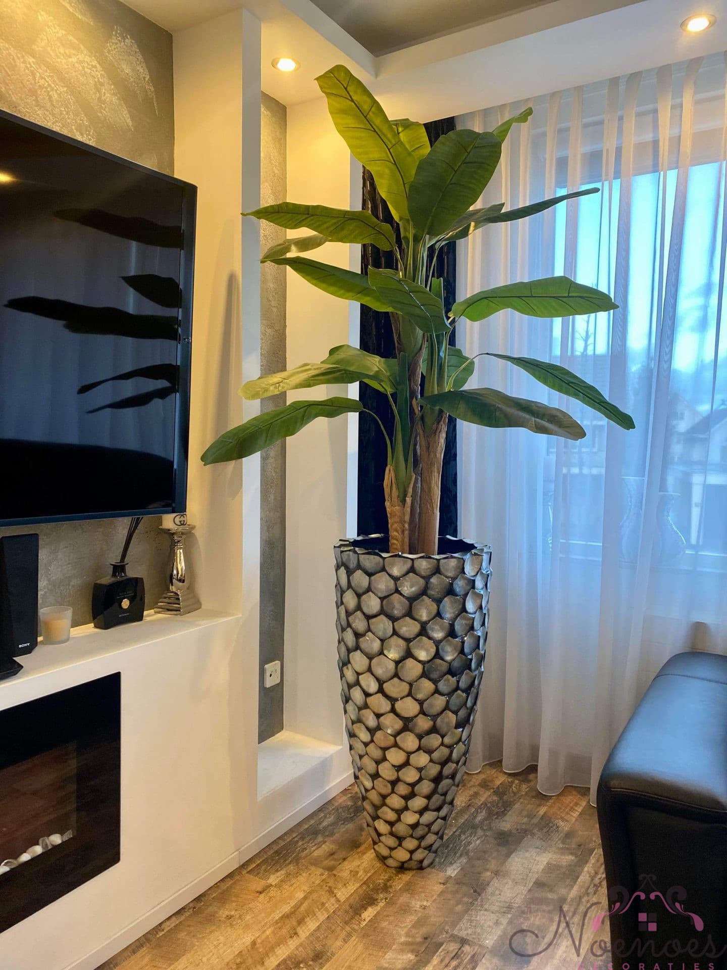Schelpenvaas met kunst bananenplant 220 cm - 43x90 cm vaas