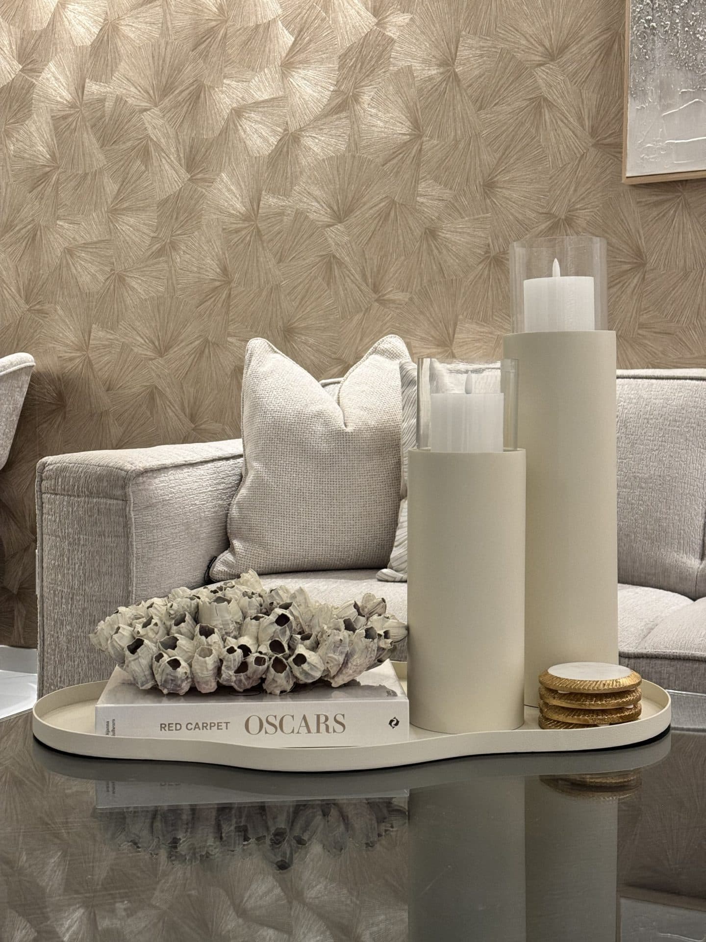 Kaarshouders ivory cream set van 2 met glazen cilinder (38-49 cm)