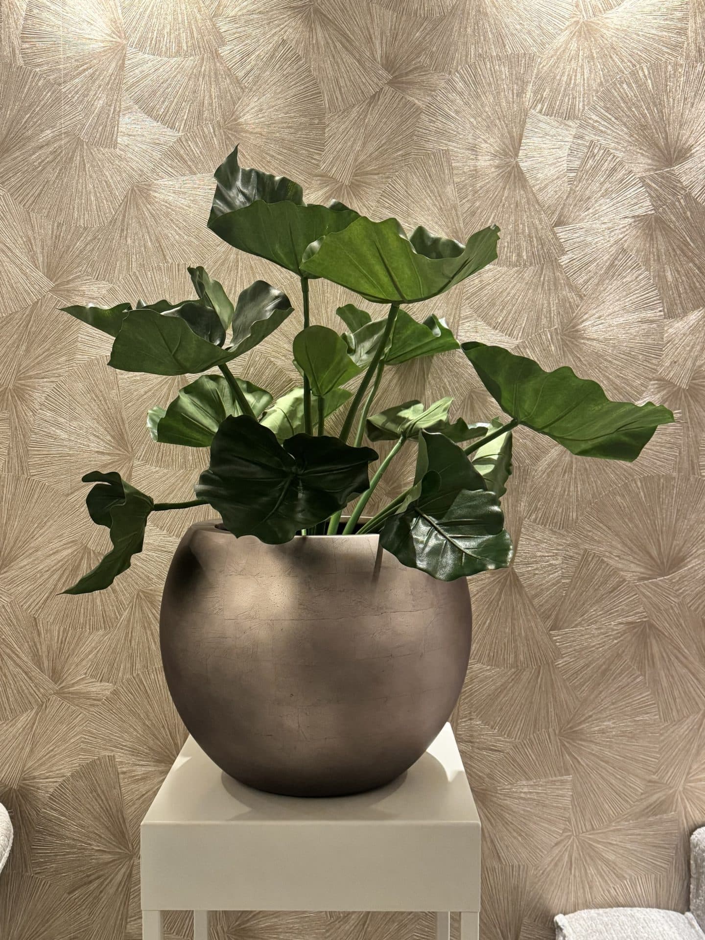 Vaas pot Roya champagne met Alocasia kunstplant, 40 cm breed
