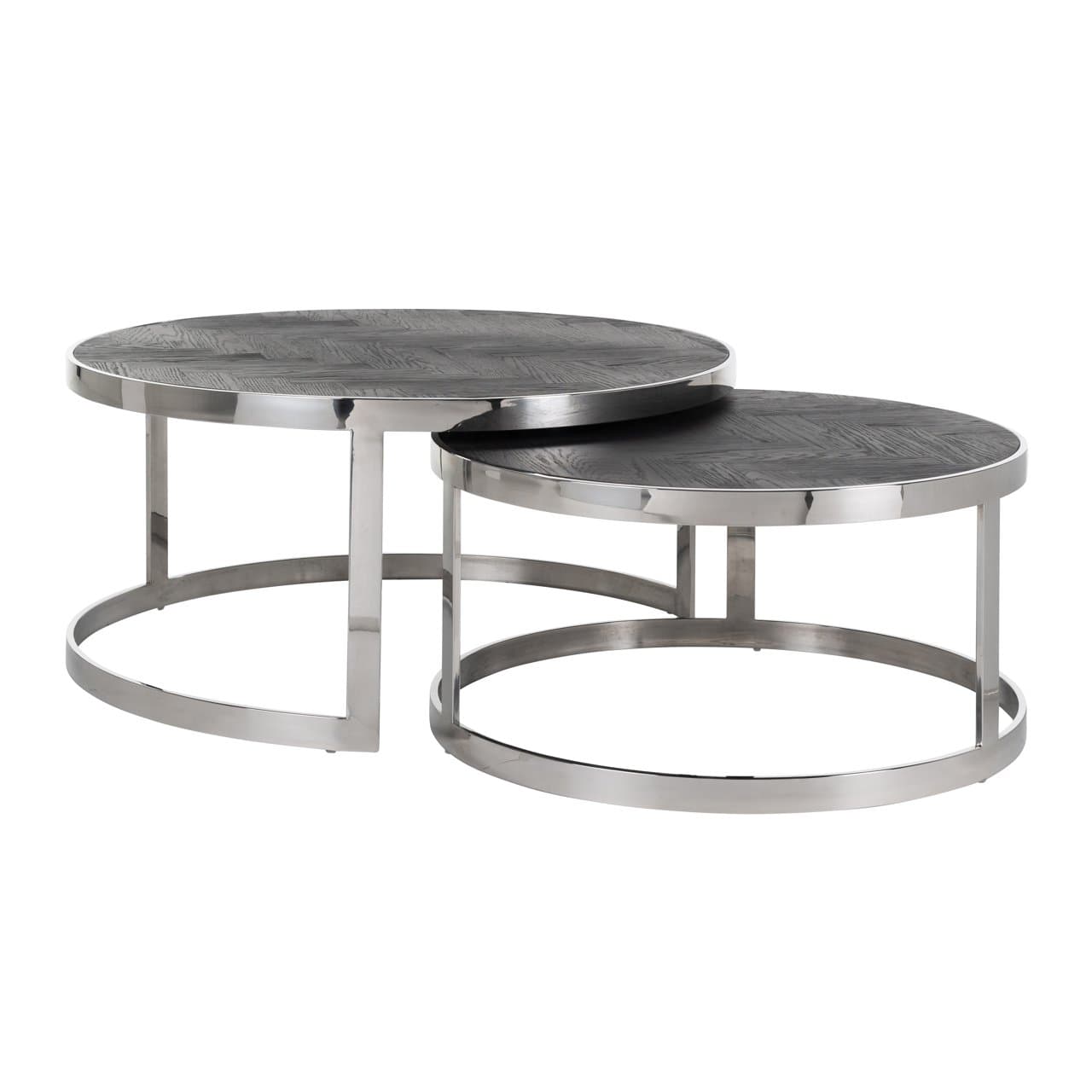 Salontafel set van 2 rond zwart eiken RVS zilver 91,5 cm