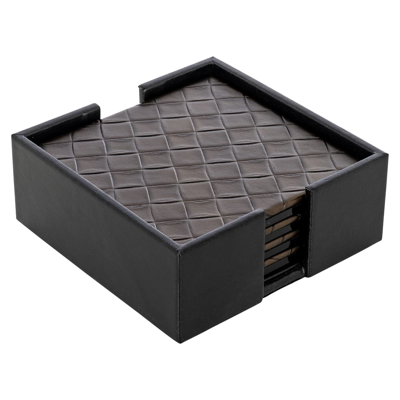 Onderzetters Yora set van 6 met houder - MDF, glas en rexeen zwart