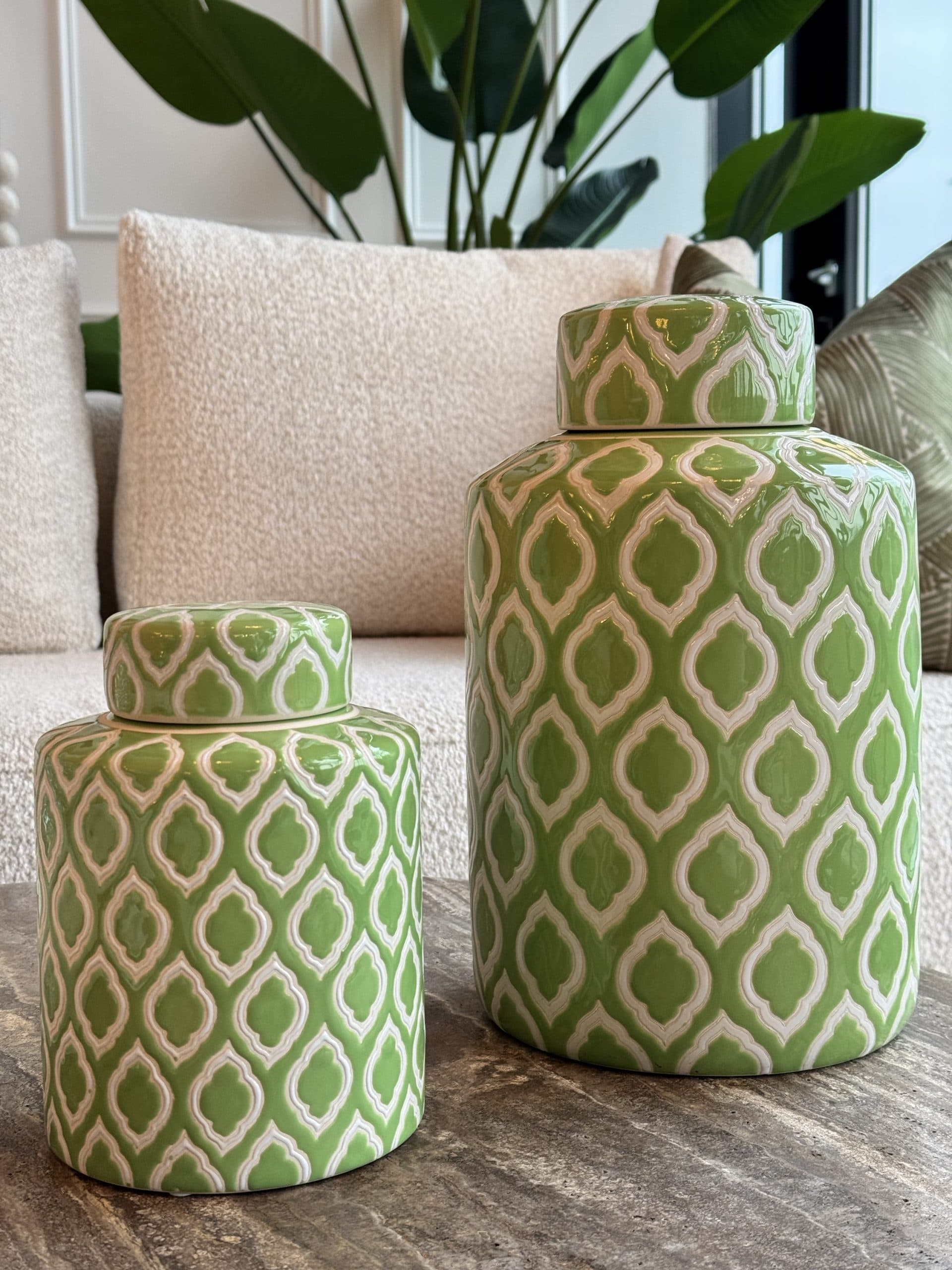 Porseleinen pot set van 2 groen met geometrisch patroon