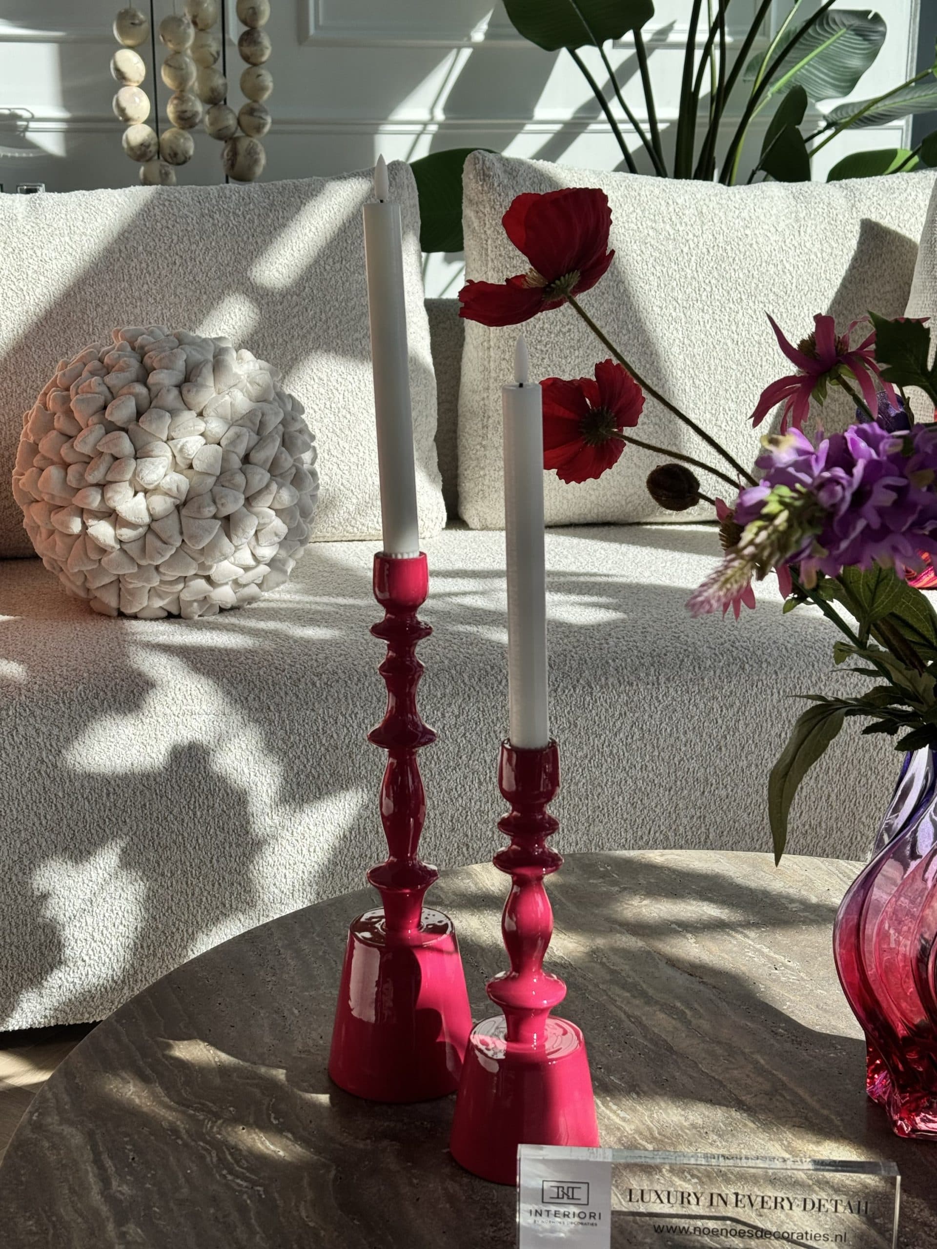 Kaarshouders fuchsia set van 2 met led-kaarsen (25 en 34 cm)