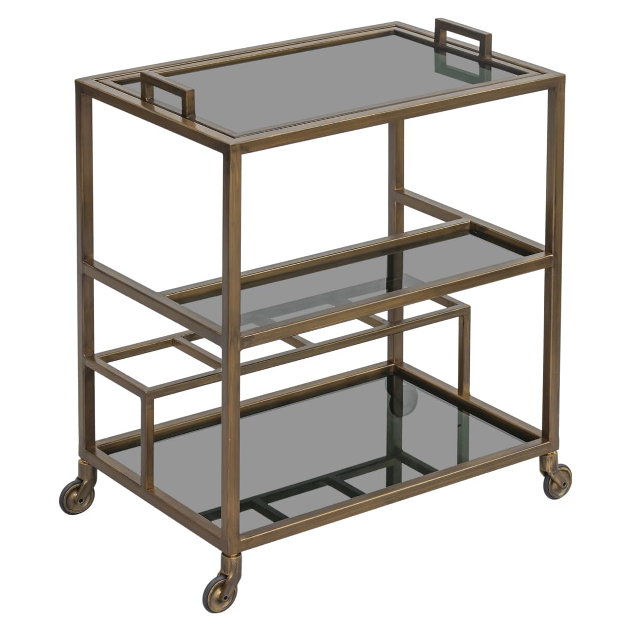 Serveertrolley brass antique met 3 glazen plateaus en wieltjes