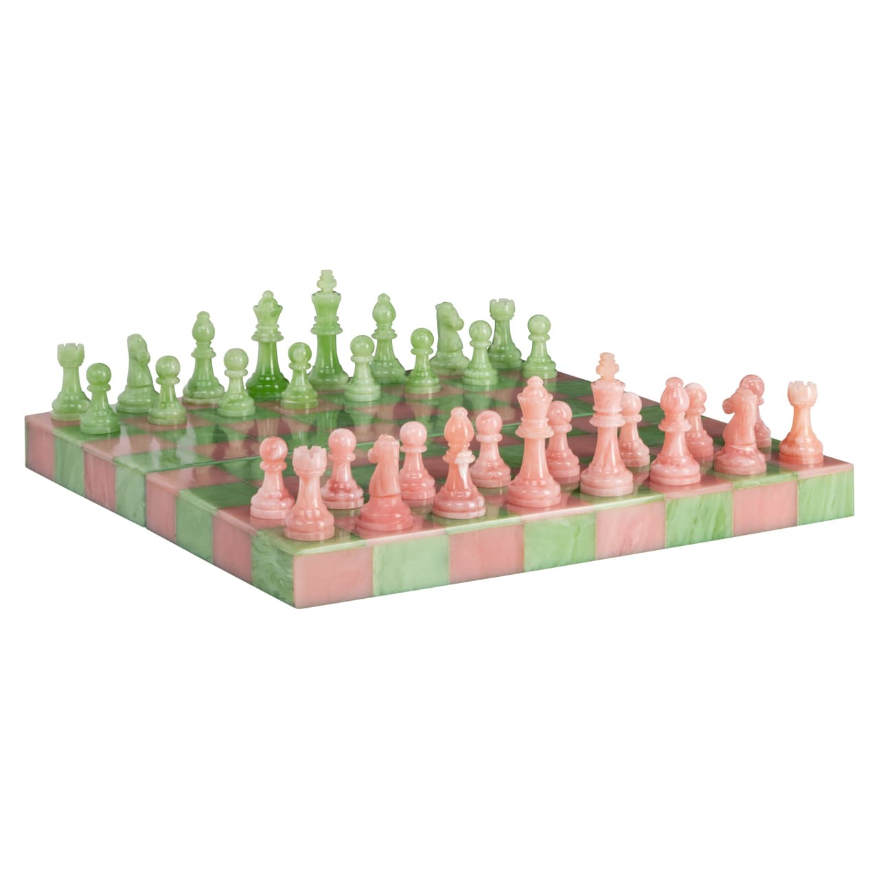 Schaakspel Azalea roze en groen in hars en MDF 31 cm