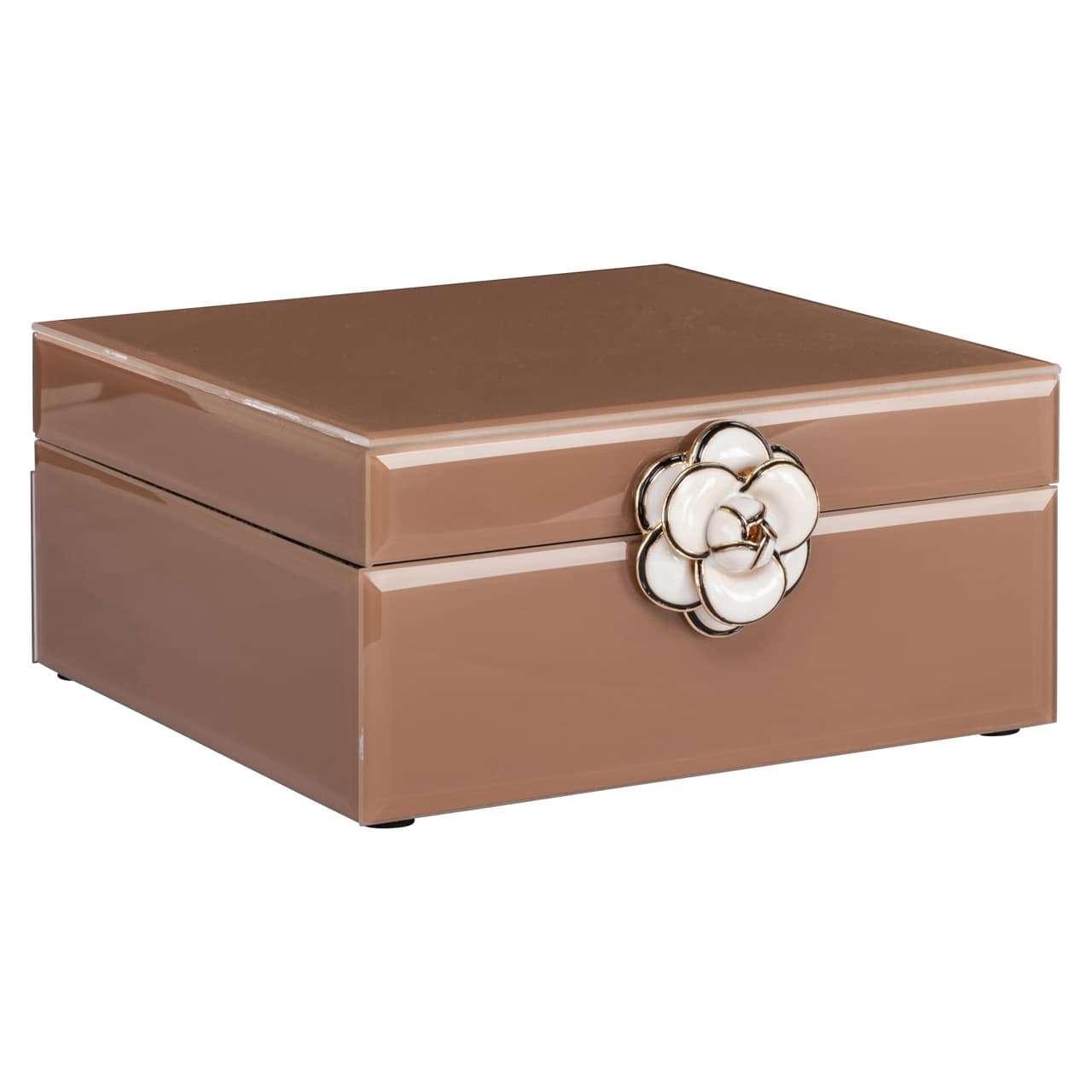 Opbergdoos bruin glas MDF met bloem detail 18x18x8,5 cm