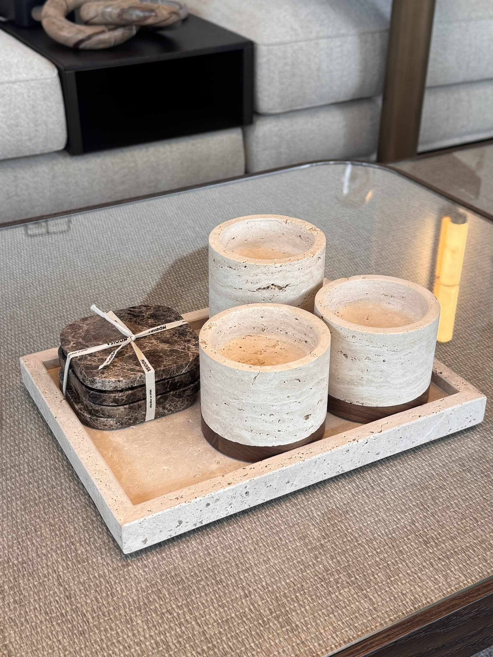 Travertine dienblad cream 30,5×23 cm met accessoires compleet