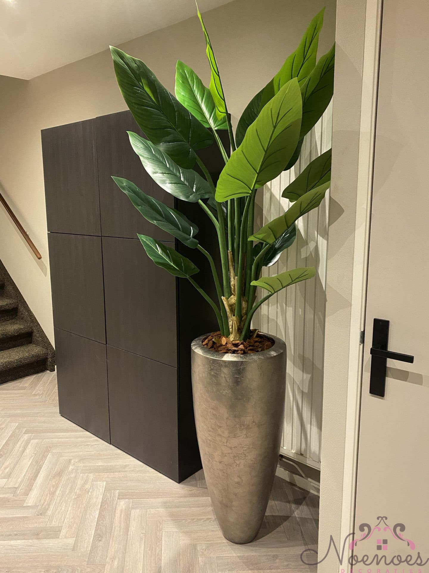 Vaas bladzilver champagne mat 40x90 cm met kunstplant 210 cm
