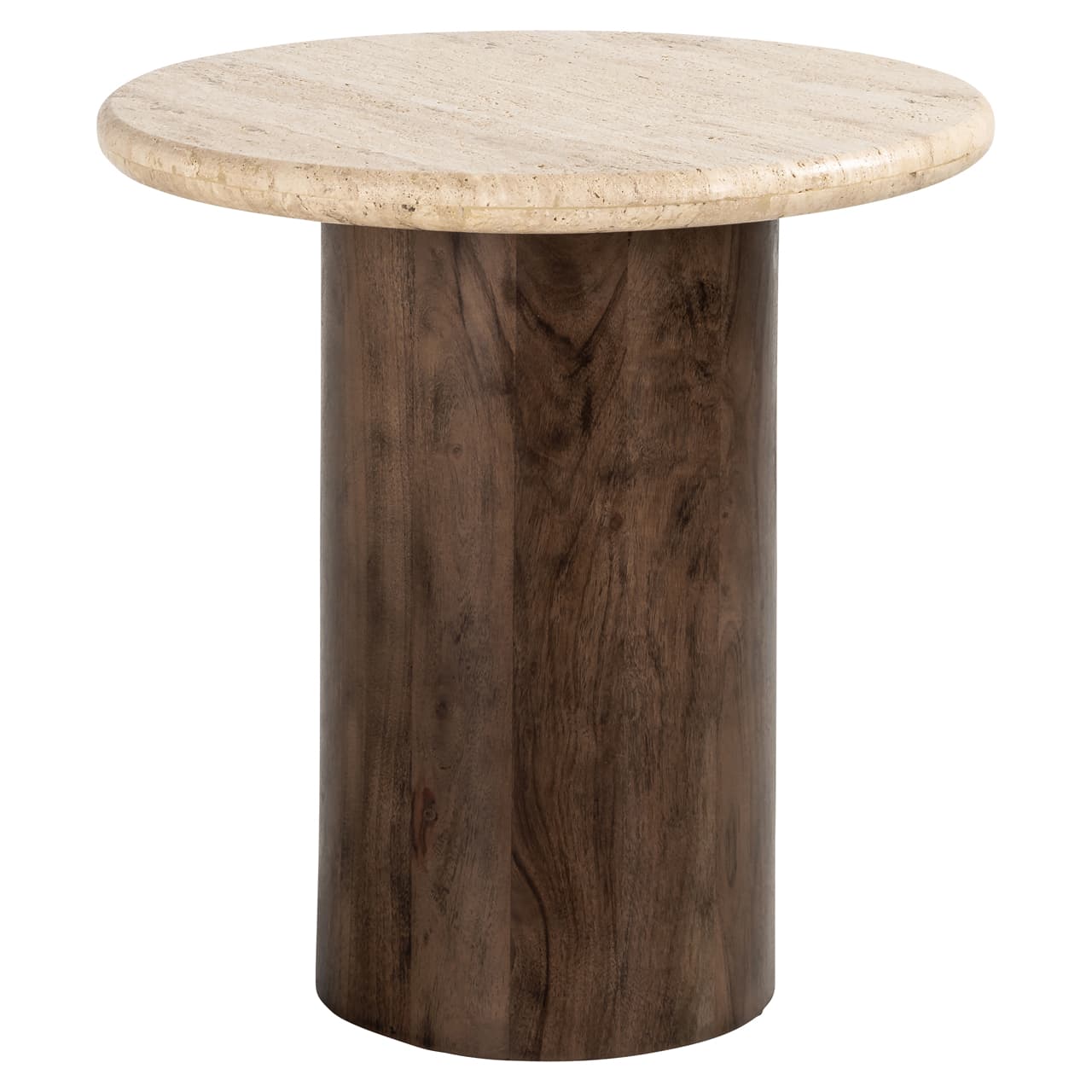 Bijzettafel Douglas brown 50 cm rond, travertin en mangohout