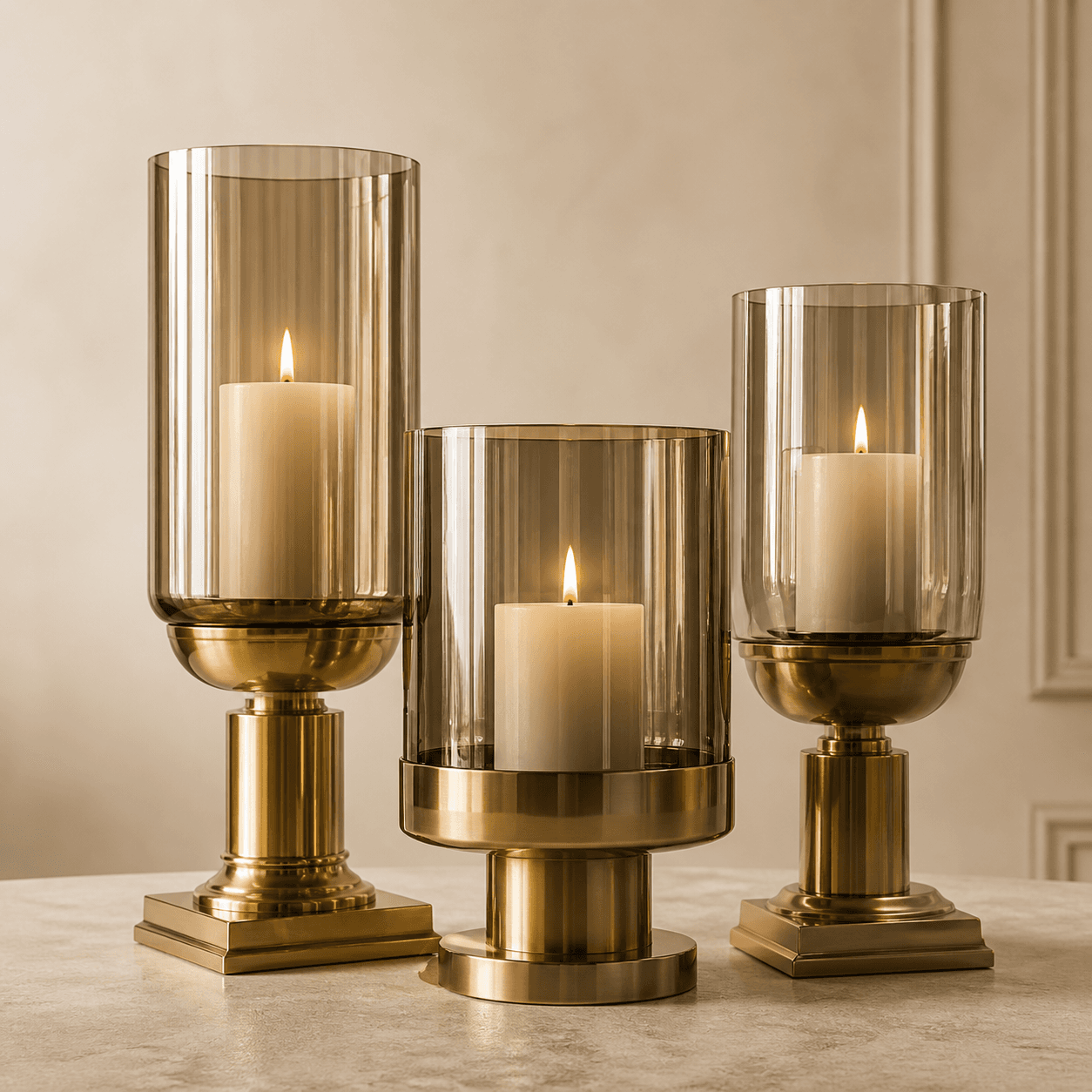 Drie gouden windlichten met brandende kaarsen op een licht tafelblad