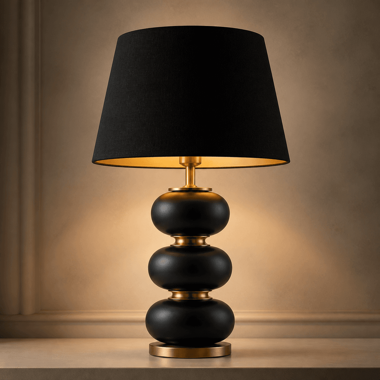 Zwarte tafellamp met gouden accenten en warm licht tegen een zachte lichte wand