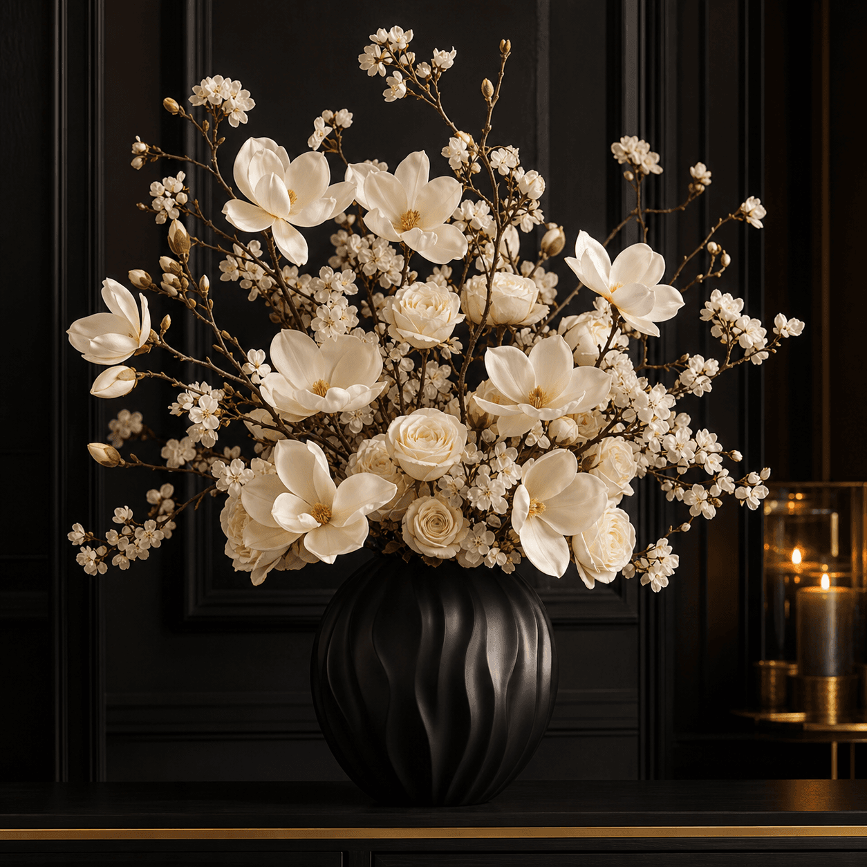 Zwarte vaas met een wit zijdebloemenarrangement tegen een donkere wand