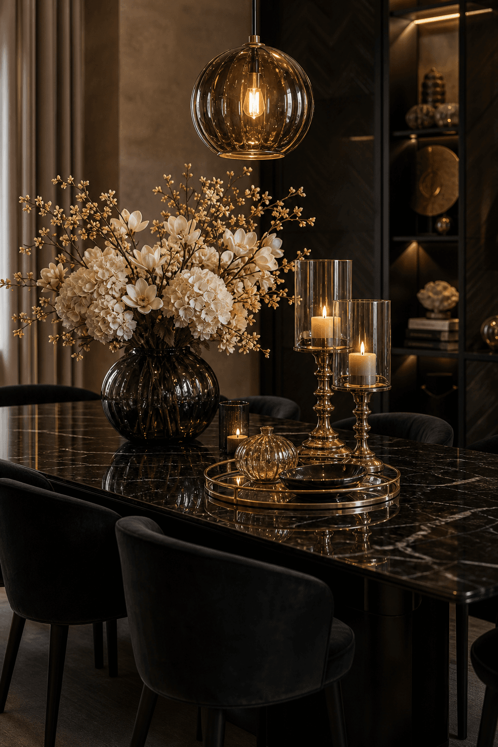 Gedekte donkere tafel met windlichten, vaas met zijdebloemen en hanglamp