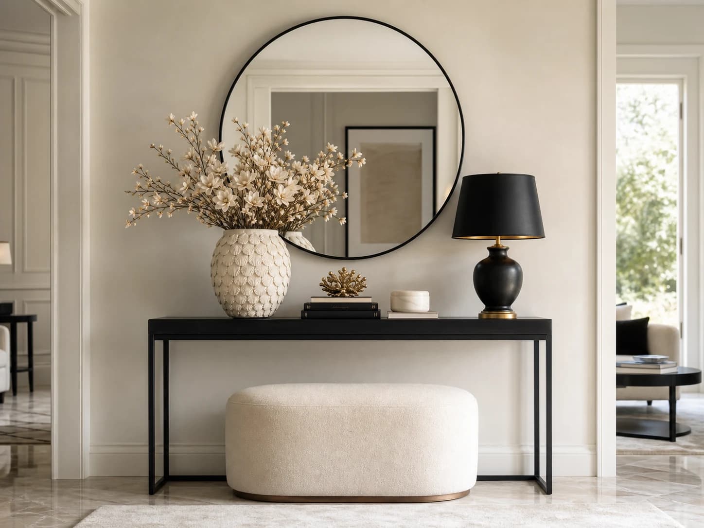 Evenwichtig gestylde sidetable met spiegel, vaas, lamp en poef