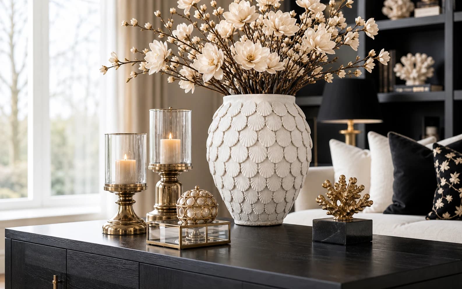 Luxe styling met een witte schelpenvaas, magnoliatakken en messing kaarshouders