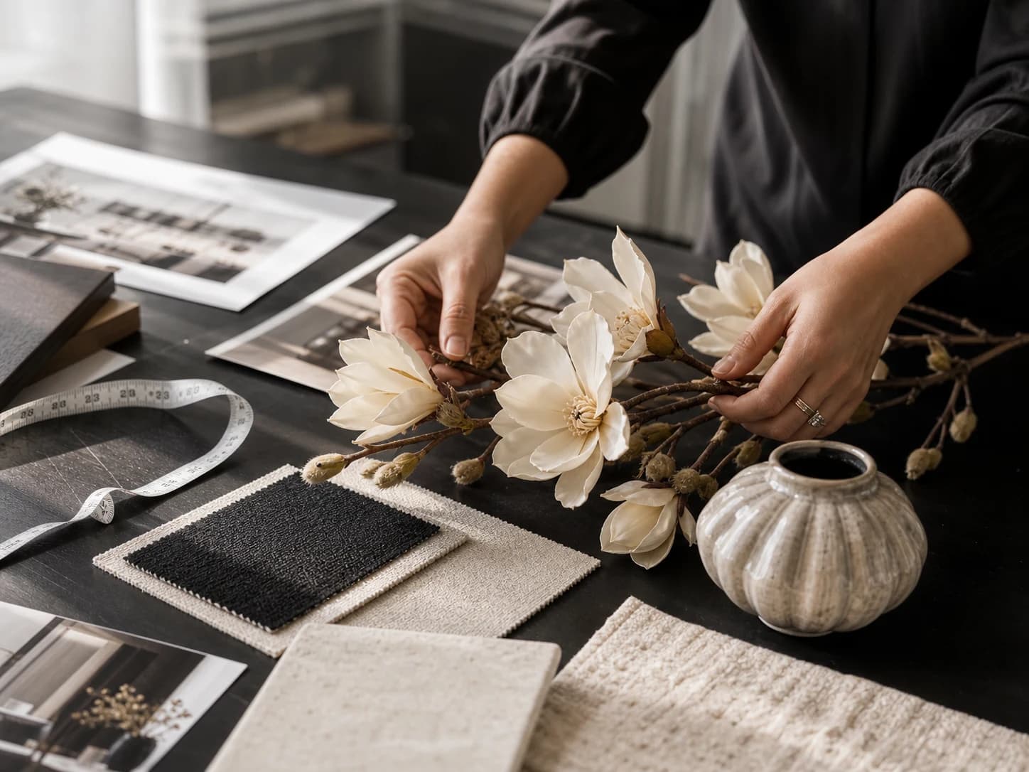 Sfeerbeeld met zijdebloemen, materiaalstalen en interieurbeelden
