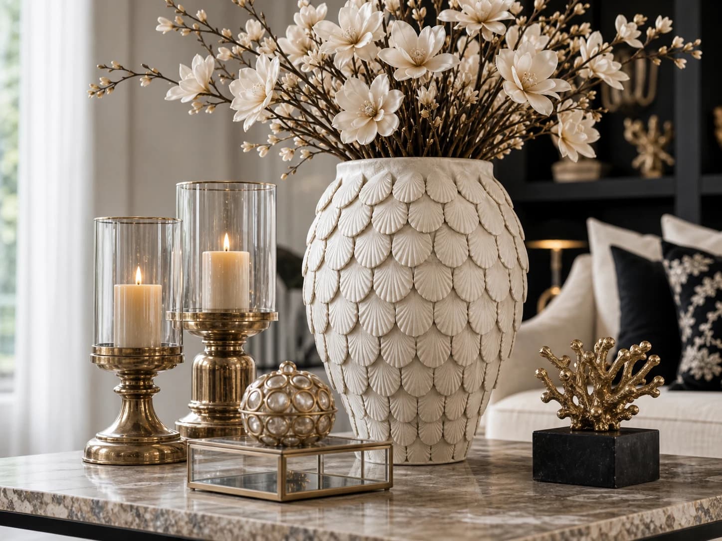 Luxe combinatie van een schelpenvaas, zijdebloemen en messing kaarshouders