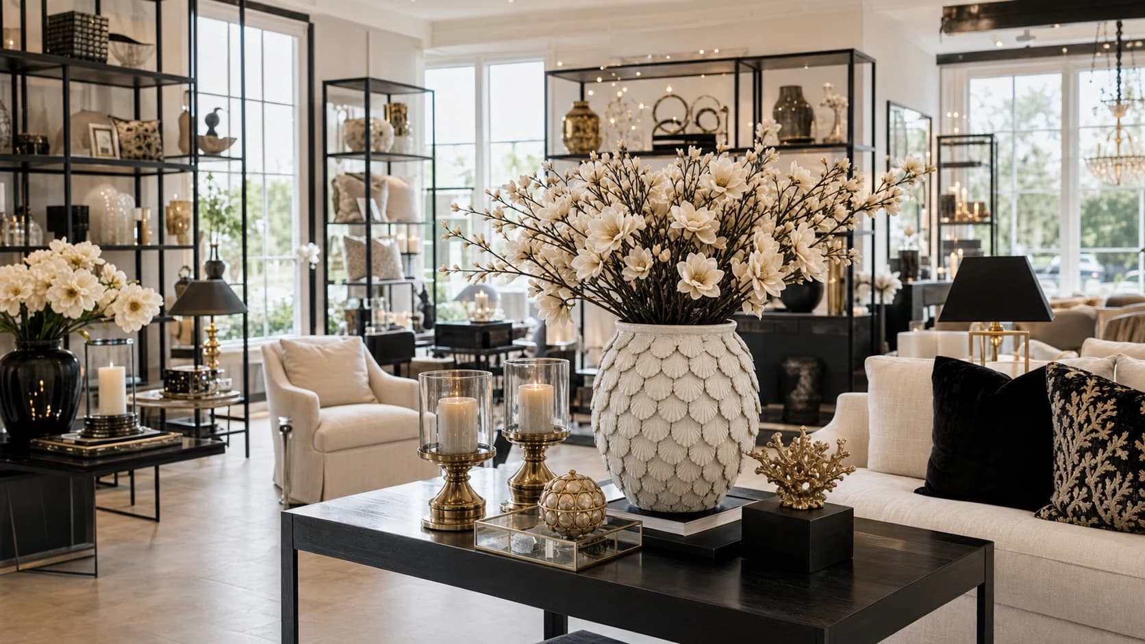 Lichte showroom met luxe woondecoratie en stylingcombinaties