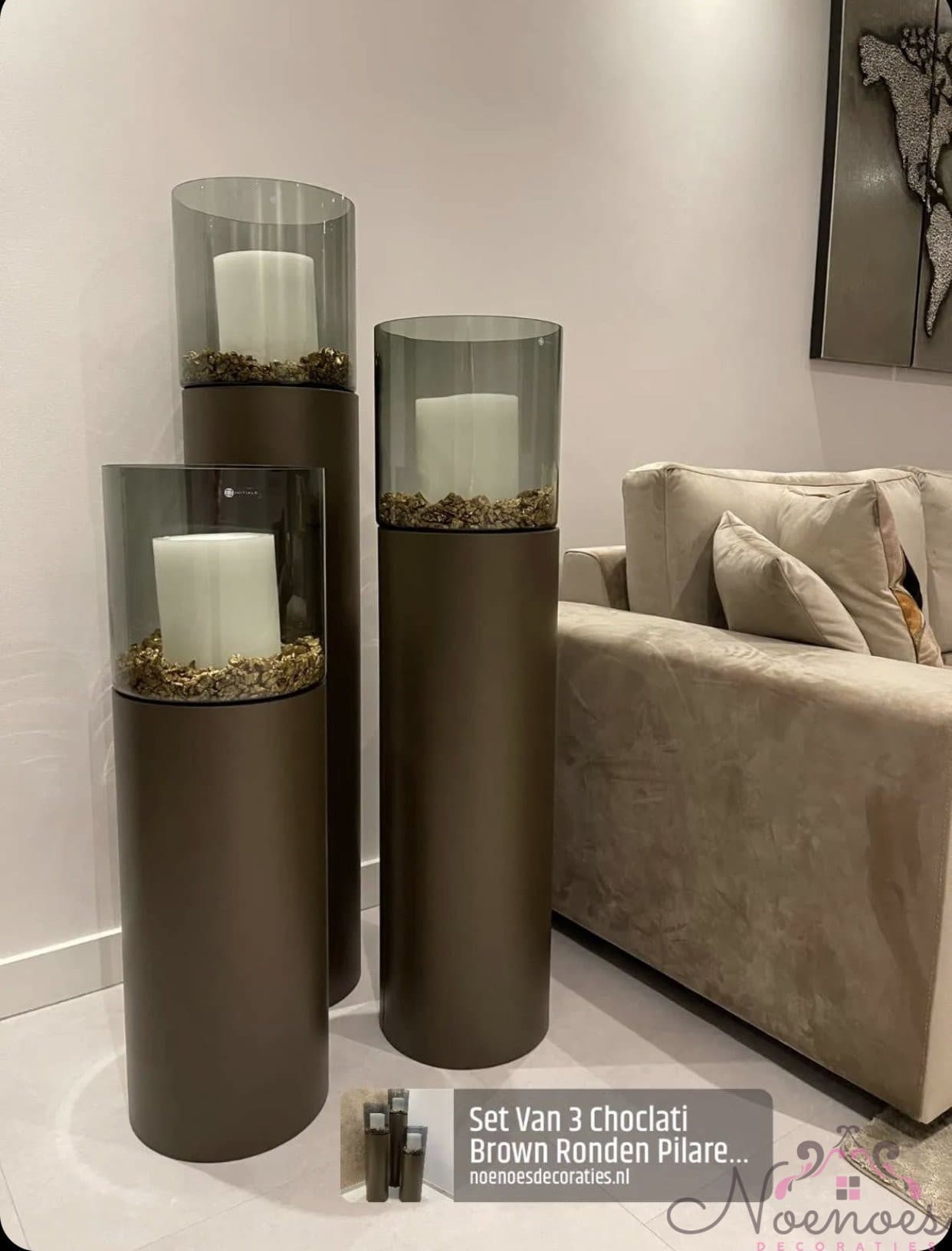 Kaarshouders set van 3 ronde pilaren chocolate brown met smoke glas