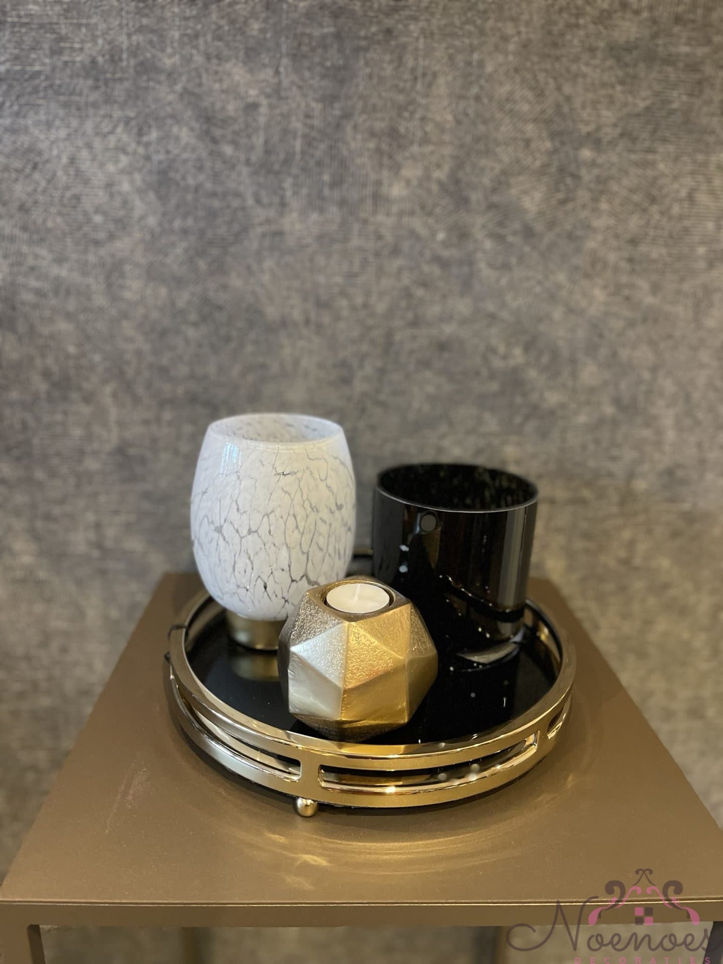 Dienblad rond goudkleurig met smoke glas 28 cm - set