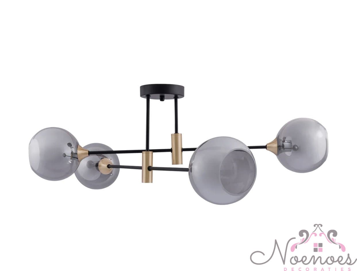 Hanglamp Madrid zwart-goud met 4 smoke glazen bollen