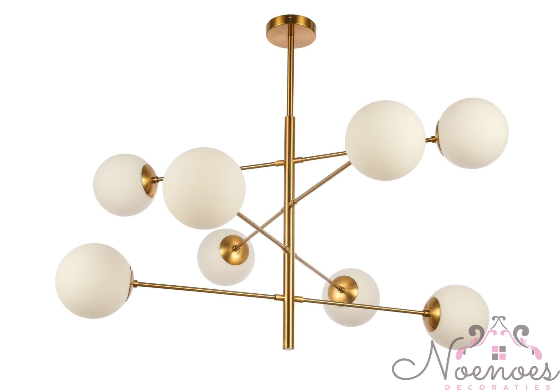 Hanglamp Parel Malaga 8-licht goud met witte glazen bollen