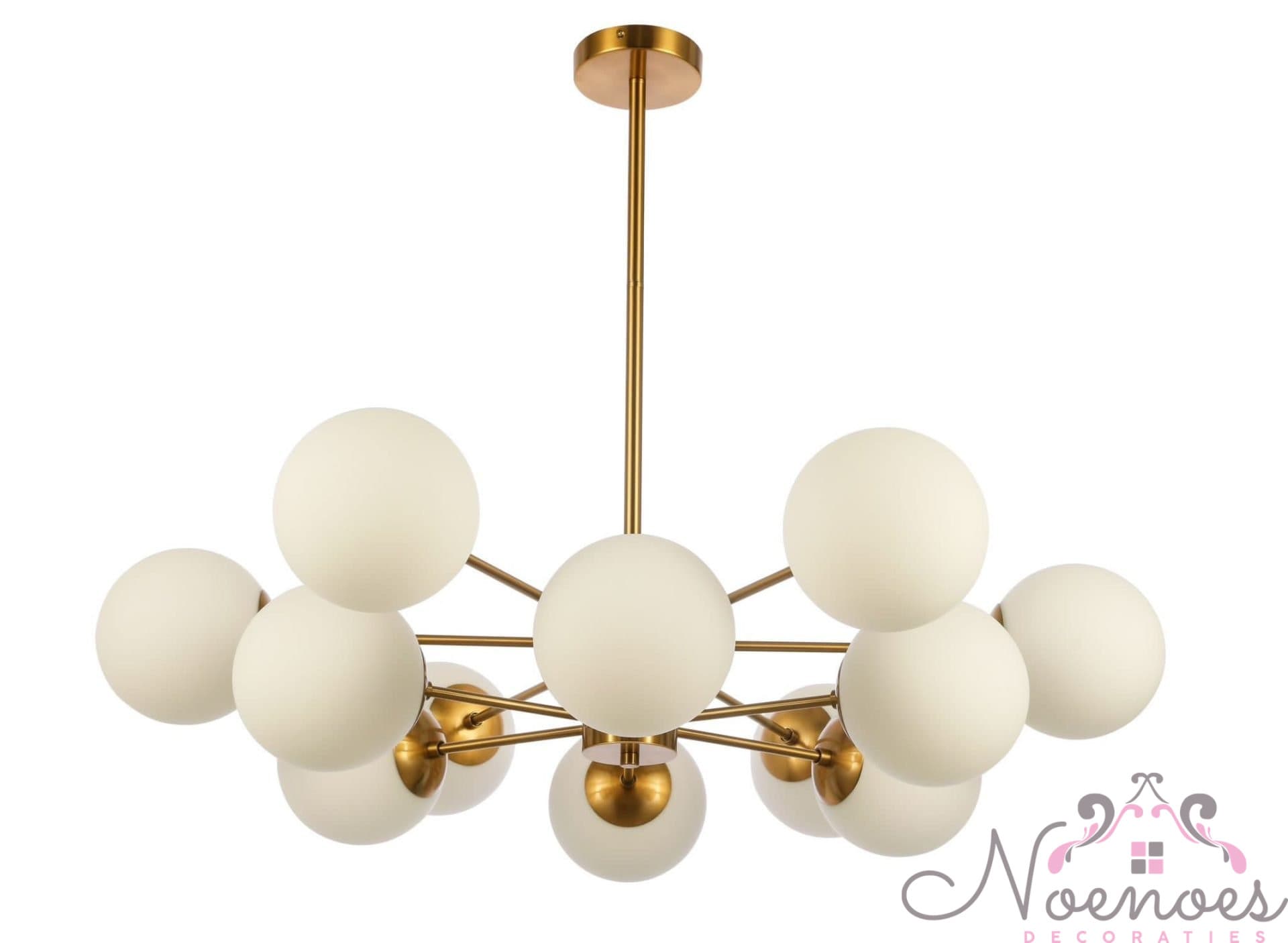 Hanglamp 12-licht messing met witte glazen bollen (91 cm)