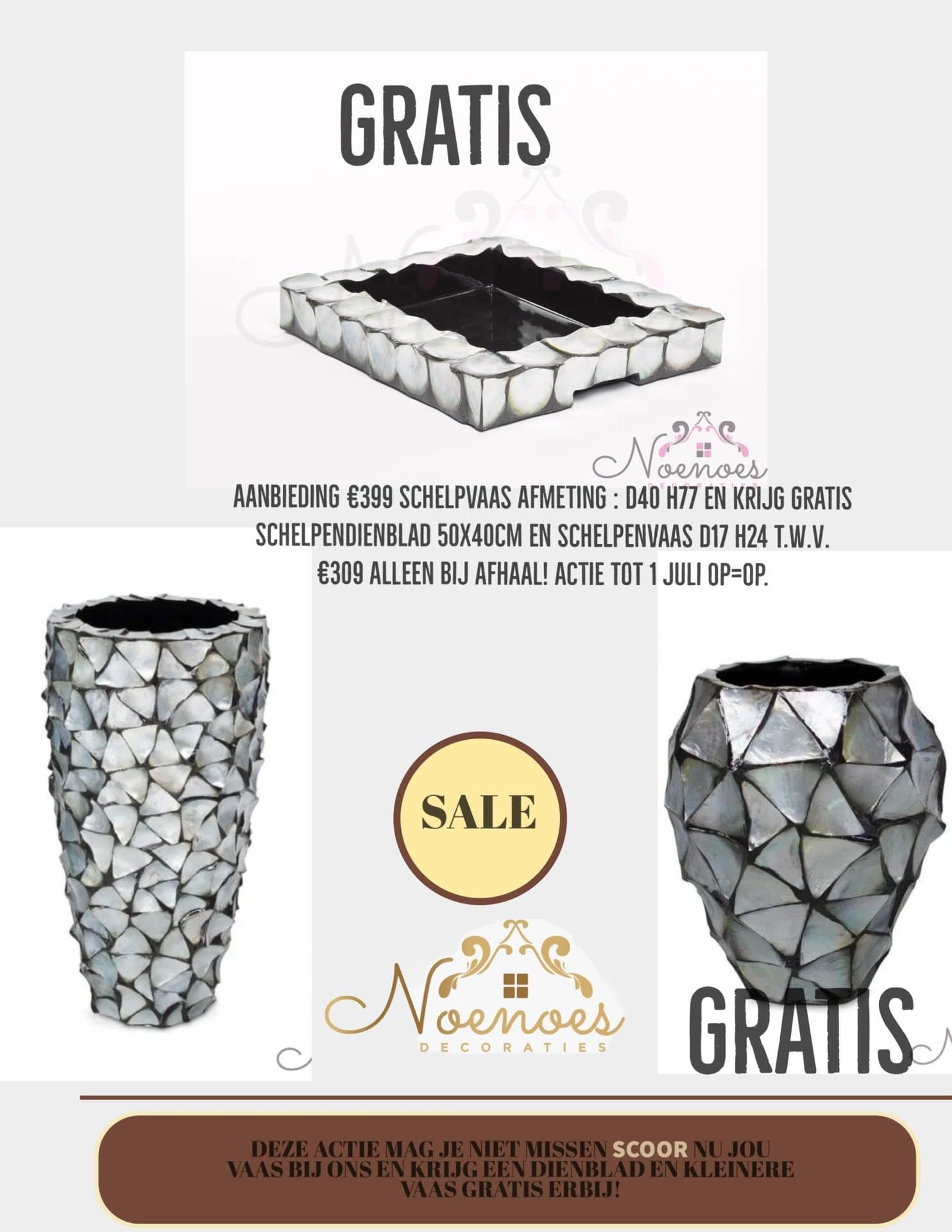 Schelpenvaas mother of pearl zilver D40 H77 cm met gratis dienblad