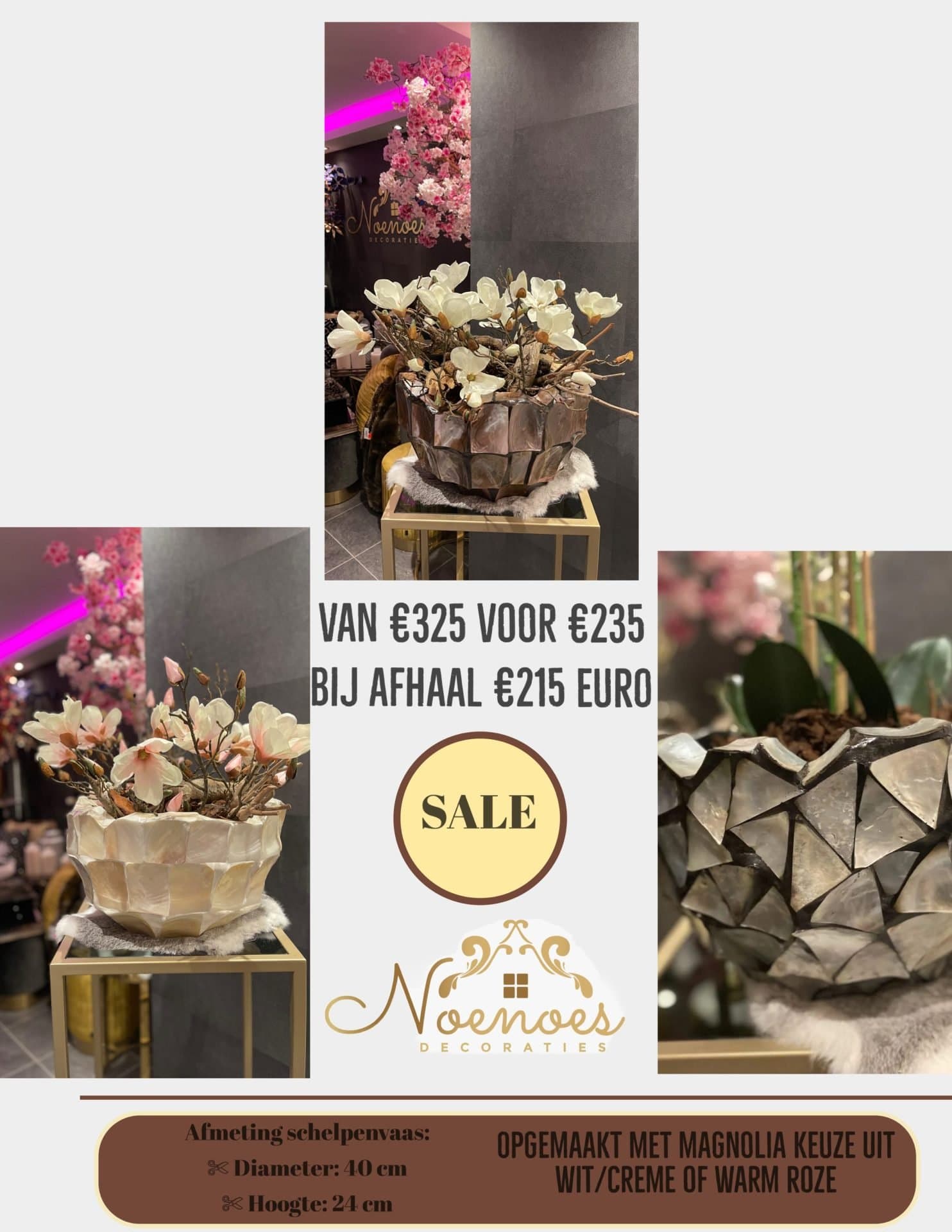 Schelpenvaas opgemaakt met magnolia's wit/crème of warm roze (40 cm)