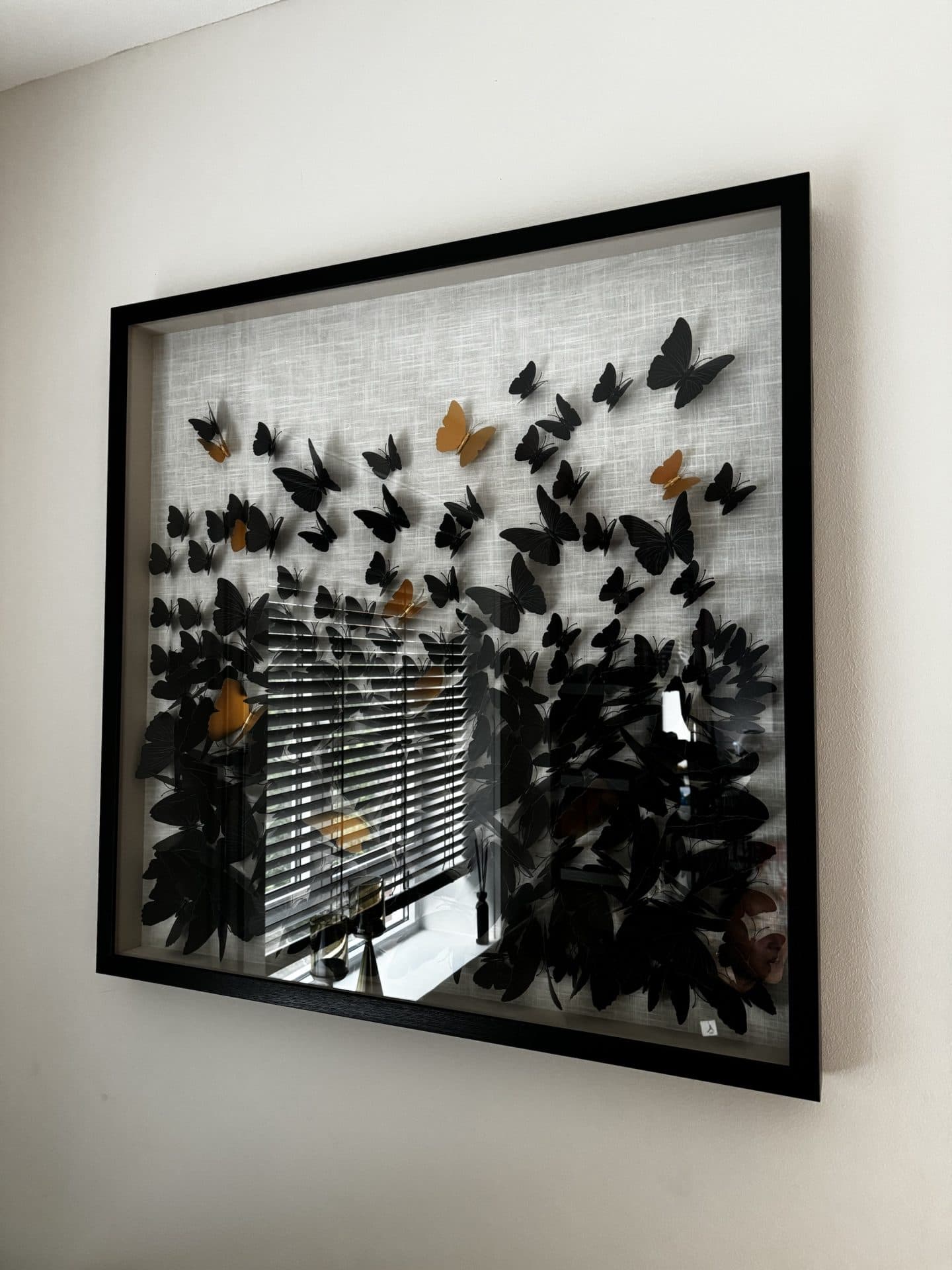 3D vlinderschilderij zwart goud 90x90 cm wanddecoratie pre order