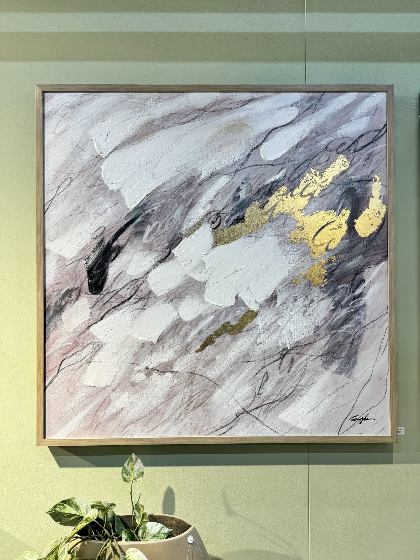 Schilderij abstract goud grijs wit 120x120 cm natuurlijke lijst