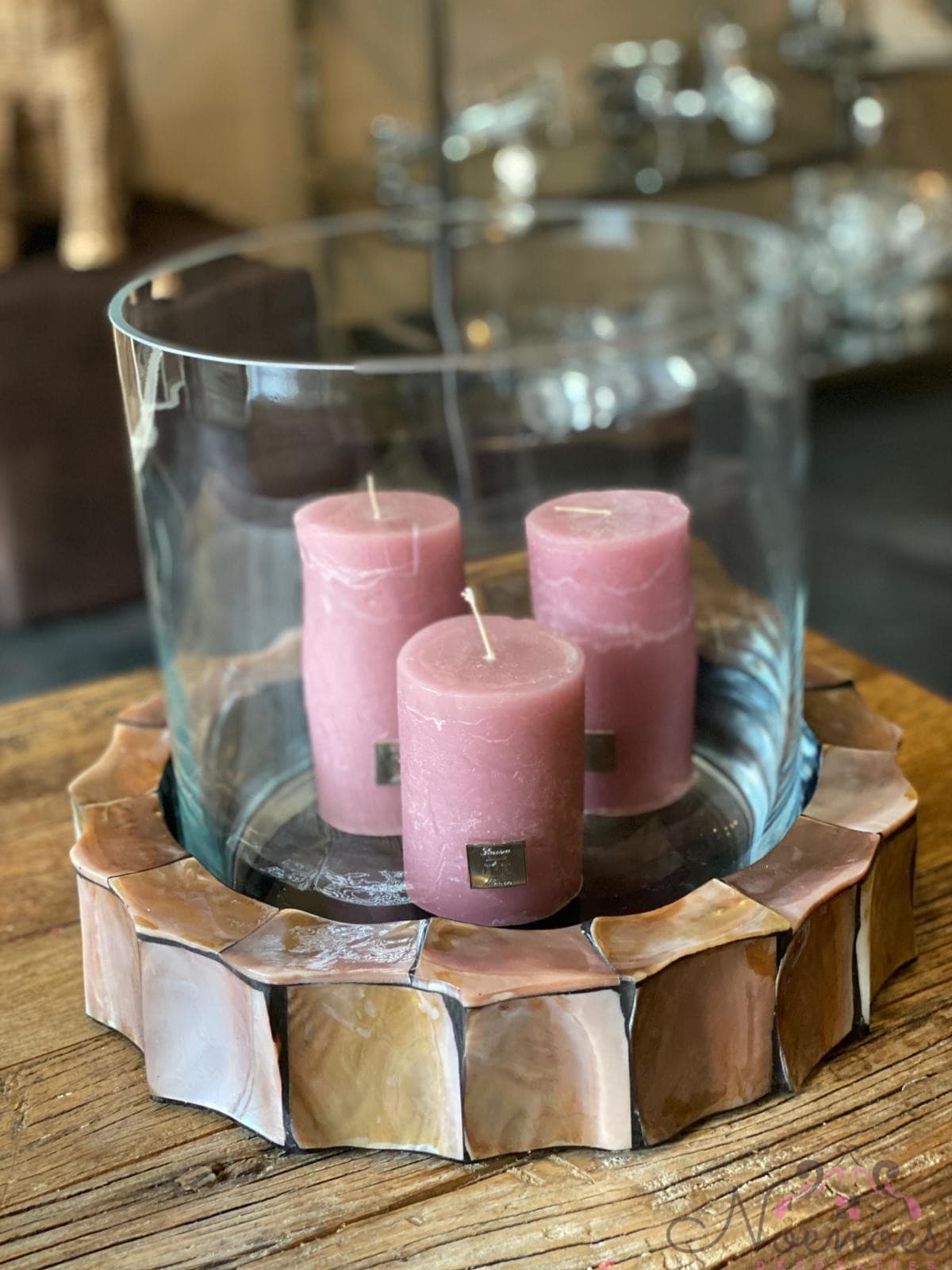 Schelpen kaarshouder bruin/rosé met glas, diameter 31,5 cm