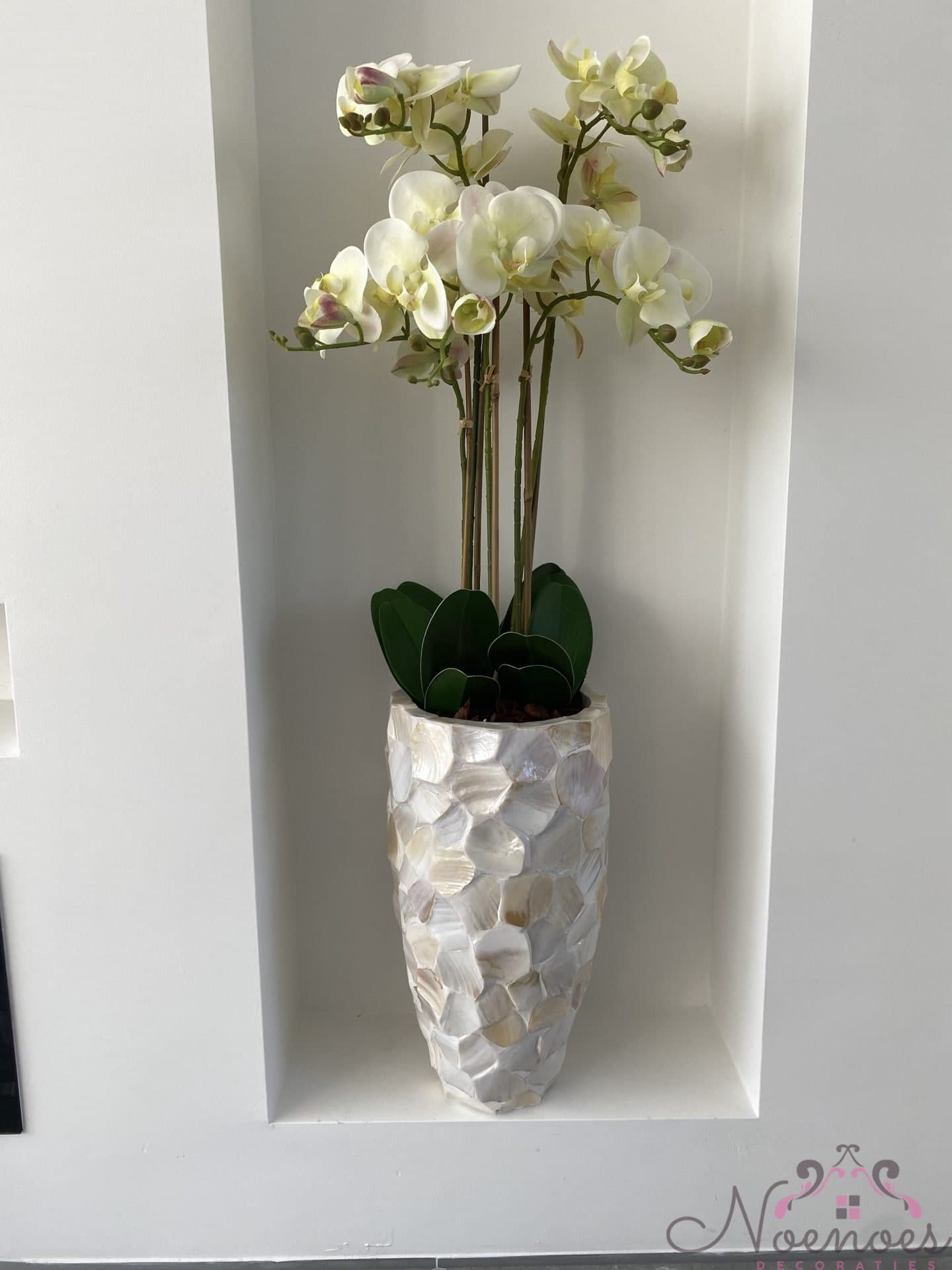 Schelpenvaas 45 cm opgemaakt met orchideeën, hoogte 110 cm