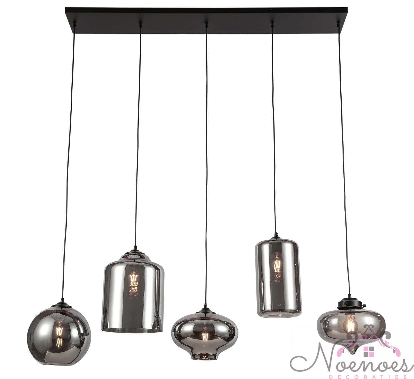 Hanglamp smoke glas 5 lichten mix - rechthoekige plaat 120 cm